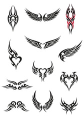 Naklejka premium Collection of tribal wing and heart tattoo designs for custom body art inspiration