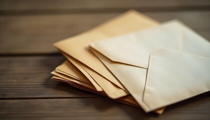 Envelopes stacked on a wooden table, representing the essence of postal service and human connection on World Post Day