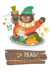 Naklejka premium Cute girl, funny bear and owl celebrating Christmas. Vector greeting card