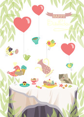 Vector birthday party card, cute birds and table with festive meal