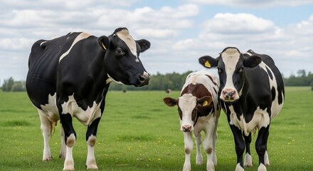 Black and white cows grazing in a lush green field under a cloudy sky
