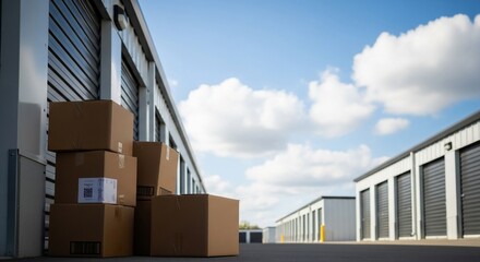 Cardboard boxes outside storage units under blue sky