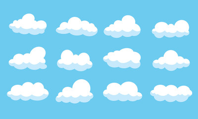 Cartoon flat white clouds set on blue background. Fluffy white cartoon clouds. Vector set of cartoon flat clouds illustration. Clouds
