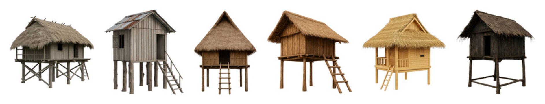 Stilt house set including various rustic wooden huts with thatched and metal roofs isolated. Traditional tropical architecture collection.