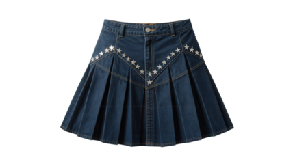 Denim mini skirt with pleated design adorned with star embellishments on Transparent Background