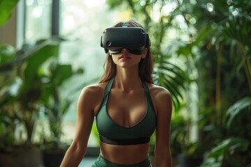 Woman in sportswear uses VR headset for fitness, immersed in a virtual tropical environment.