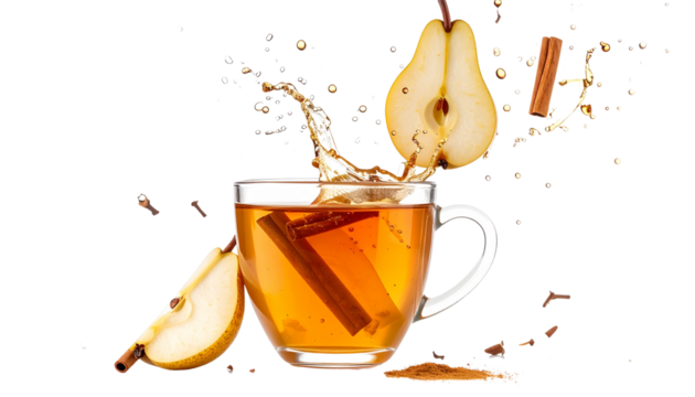 Elegant glass teacup of pear-cinnamon fruit tea, pear slices floating isolated on solid white background Png format