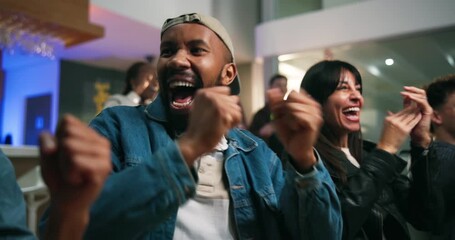 Man, friends and celebration with applause at sports bar, cheers or football game in global competition. People, happy and scream for goal, fist pump or excited for soccer league on television at pub