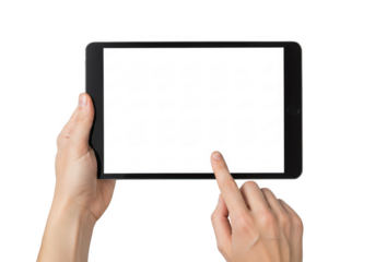 Persons hands holding a tablet computer isolated on transparent background