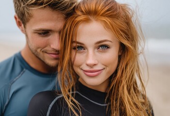 a woman in black sportswear stands on the beach with her boyfriend. they both have red hair and look at the camera, smiling.