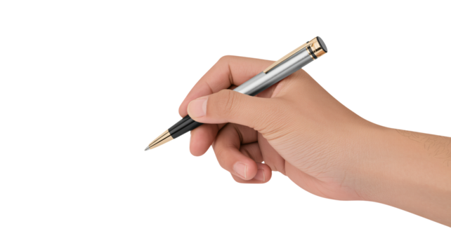 Hand poised with pen ready to write or sign documents swiftly