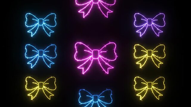 Neon bow glowing ribbon seamless loop sparkling animation electric pink yellow blue dark background, vibrant seamless pattern with sparkling electric pink, blue, yellow festive loop animation