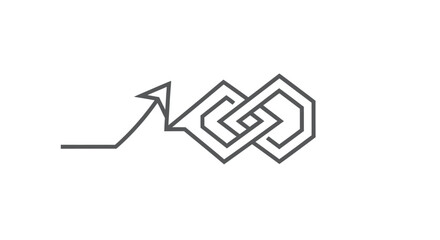 Continuous line drawing of an arrow pointing towards an intertwined geometric knot symbolizing complexity and progress.