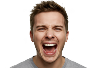 Man screaming with mouth wide open, isolated on transparent background