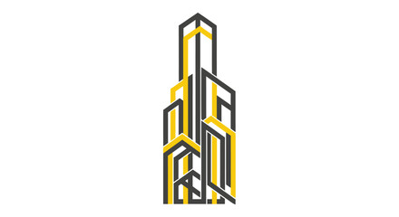 Stylized graphic of modern city skyscrapers in yellow and black lines.