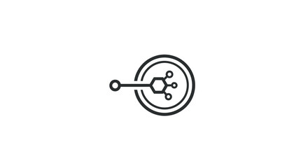 Minimalist line art icon depicting a central hub connecting to an external point symbolizing data flow networking or scientific structure.