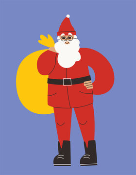 Santa Claus holding bag of gifts. Christmas character in linear flat style.