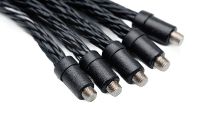 Close-up of several black audio cables with connectors