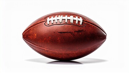 "Brown American football with white laces and textured surface—oval-shaped and designed for grip, representing iconic equipment used in competitive gameplay."