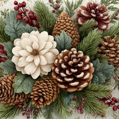 Fototapeta premium Cream Dahlias and Pine Cones Winter Holiday Arrangement
