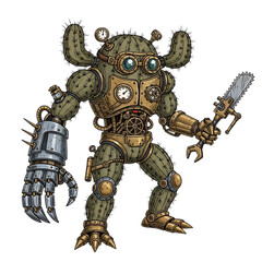 A steampunk cactus robot with gears and gauges isolated on transparent background, holding a wrench