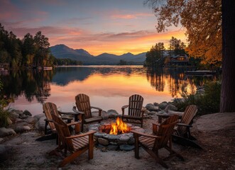 Fototapeta premium autumn sunset over lake with fire pit and chairs