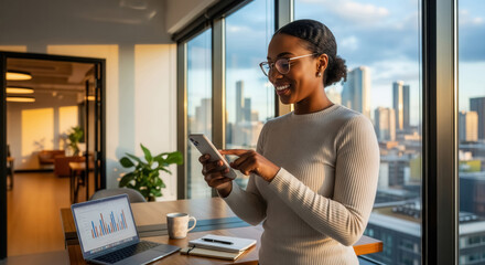 Smiling businesswoman by window checks phone beside laptop charts and coffee, in a bright modern office with city skyline at sunset.