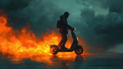 Man on electric scooter engulfed in flames, dark sky.