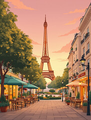 Illustration Paris, Rue parisienne avec la Tour Eiffel