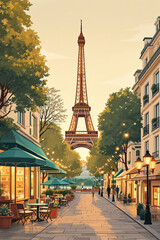 Illustration Paris, Rue parisienne avec la Tour Eiffel