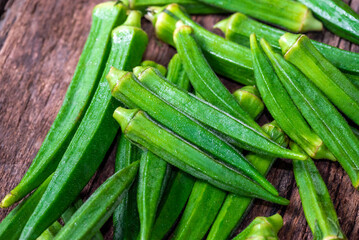 Fresh green okra, Organic vegetable, Asian food ingredients, Okra or Lady's finger or Bhindi fresh green vegetable