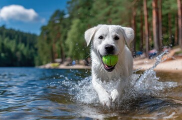 a dog is playing with its tennis ball on the beach, running and splashing water in front of it