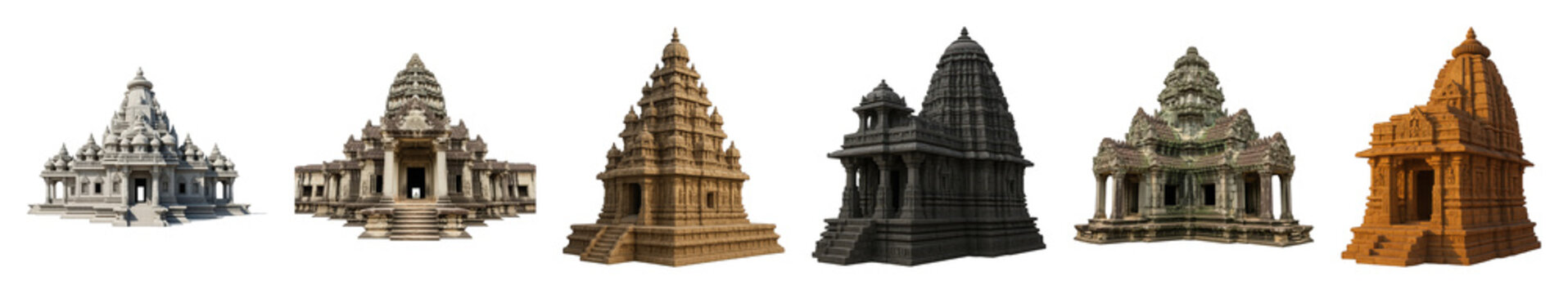 Hindu temple structures set including diverse architectural styles and textures isolated. Ancient cultural heritage and spiritual landmarks.