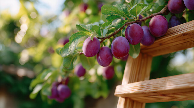 Workers pick plums in an orchard with purple fruit filling crates branches bending a ladder wobbling and a warm breeze carrying sweet scents shown in a lush photo with plum