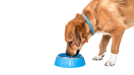 Thirsty puppy drinking water from a bright blue bowl at home