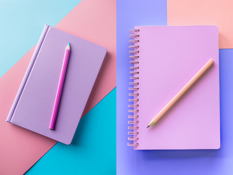 Minimal Flat Lay of Purple Notebook with Pink Pencil on Pastel Background - Powered by Adobe
