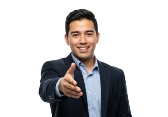 Confident businessman pointing finger forward in professional attire with a smile. transparent background