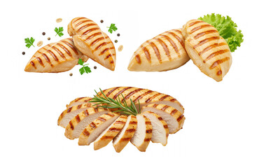 Collection of grilled chicken pieces, isolated on transparent background