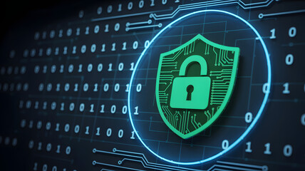 Cybersecurity shield protects digital data and online privacy