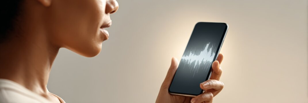 Close up of a young woman recording a voice message on her smartphone, utilizing artificial intelligence for voice recognition with a sound wave visual on the screen