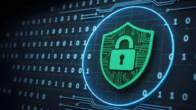 Cybersecurity shield protects digital data and online privacy