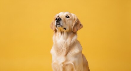 Golden retriever dog looking upward against yellow background