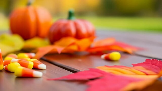Colorful autumn scene featuring candy corn and pumpkins on a wooden table among fallen leaves