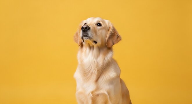 Golden retriever dog looking upward against yellow background