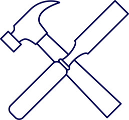 chisel and hammer outline vector illustration. chisel and hammer icon, chisel and hammer line art, perfect for chisel and hammer logos and icons. Crossed hammer chisel outline single line tools. 