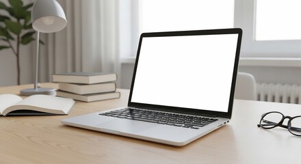 Fototapeta premium Laptop computer on desk workspace books and glasses white screen mockup
