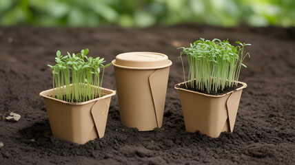 Eco-friendly biodegradable coffee cup and plant pots with green sprouts growing in soil. A concept for sustainability, recycling, and a zero waste lifestyle.