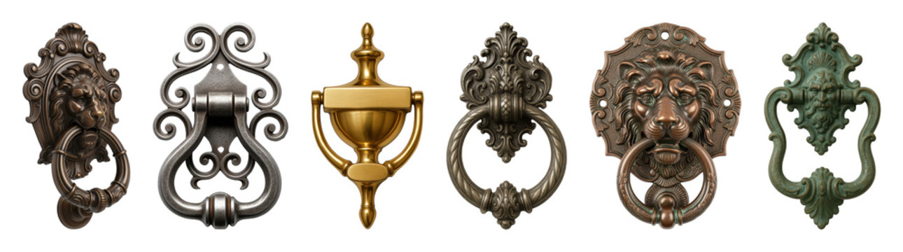 Ornate door knocker set including lion head, classical, scrolled, and decorative styles isolated. Brass, bronze, and iron home architectural hardware collection.