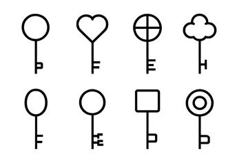 Set of 8 minimal line art keys with unique shapes on metallic background
