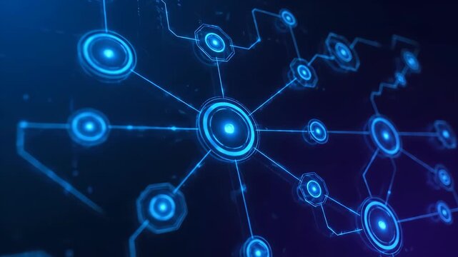 Futuristic digital network with glowing blue nodes, seamless loop diagram of interconnected process, abstract technology background featuring innovation, connectivity, data flow, and modern dynamic